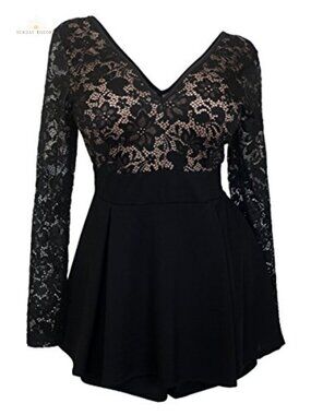 Plus Size V-Neck Lace Overlay Romper Dress Long Sleeve A-Line Party